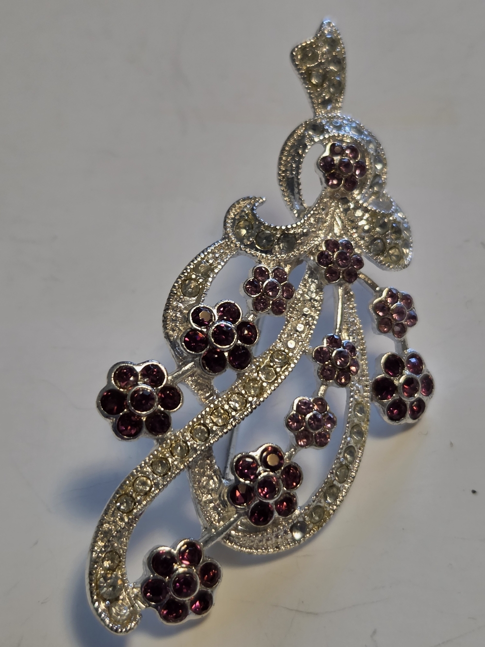 Napier Silver-Tone Floral Spray Brooch Pin w Purple & Clear Rhinestone Accents